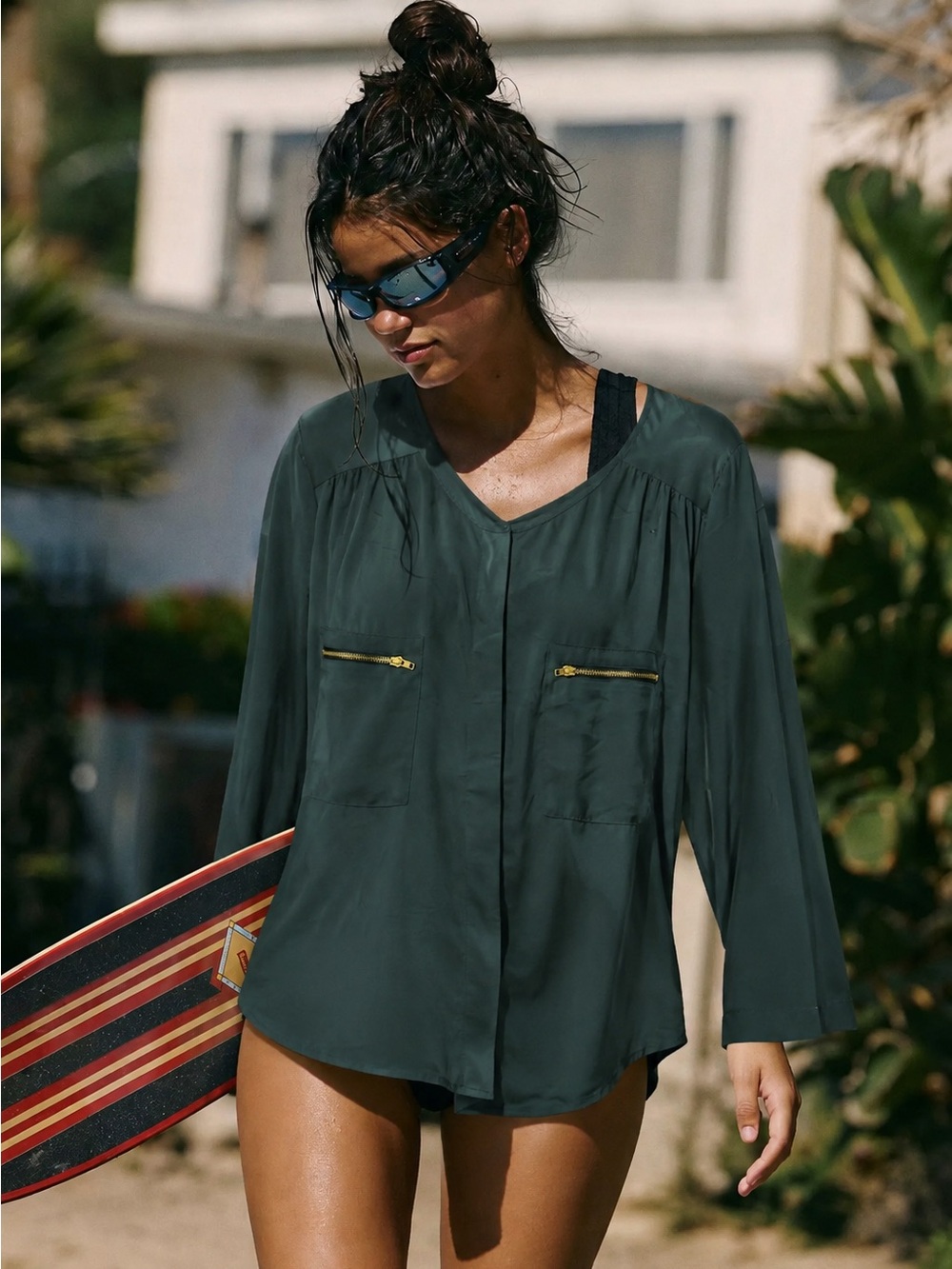 129. Smart Set Dark Green V-Neck Swim Coverup with Gold Zips